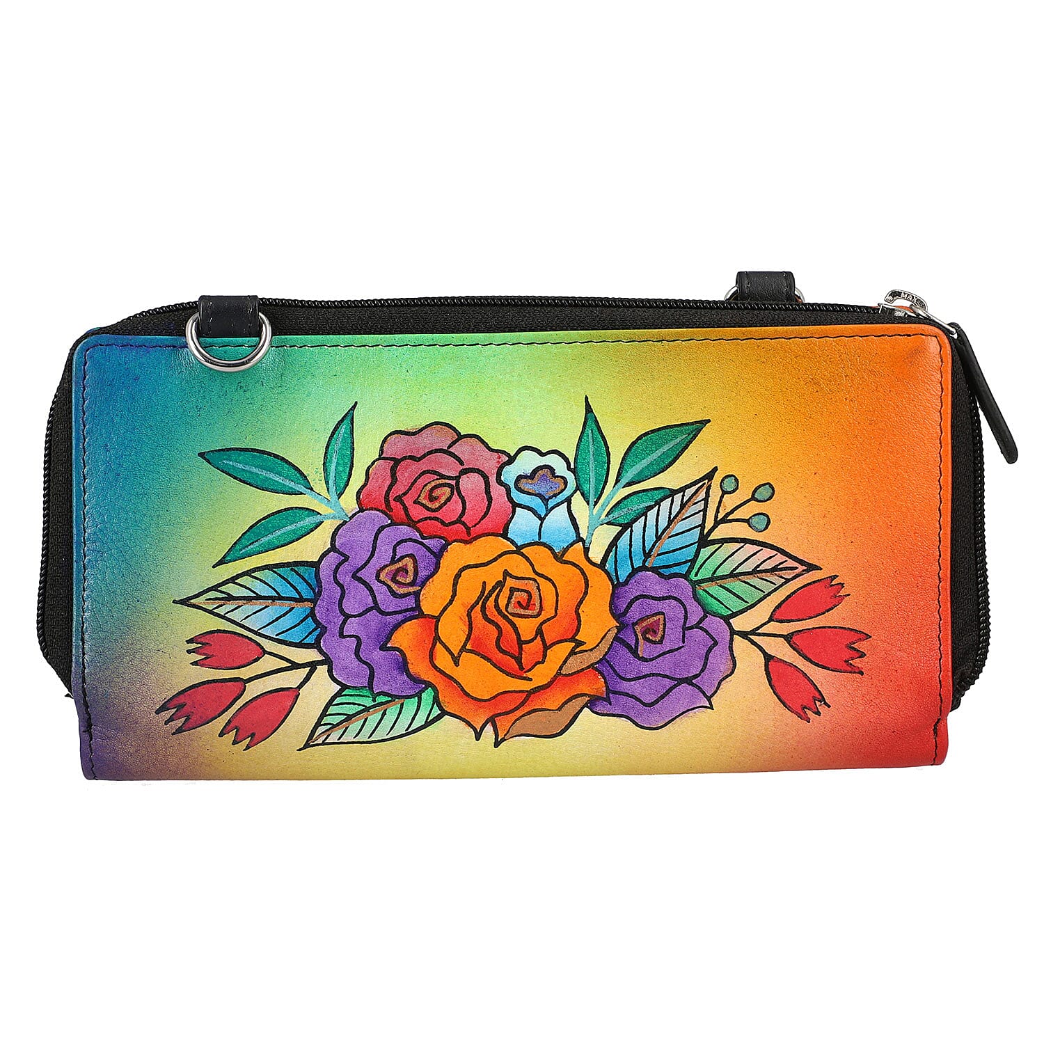 SUKRITI- Multi Color Butterfly Theme Hand Painted Genuine Leather 2in1 Crossbody Bag with Adjustable Leather Strap (8"X4.25"X1.12")