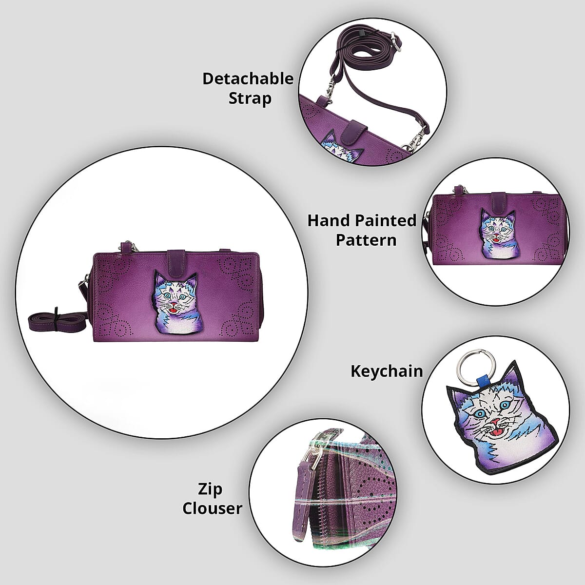 SUKRITI- Burgundy Cat Theme Hand Painted Genuine Leather 2in1 Crossbody Bag with Adjustable & Removable Strap image number 2