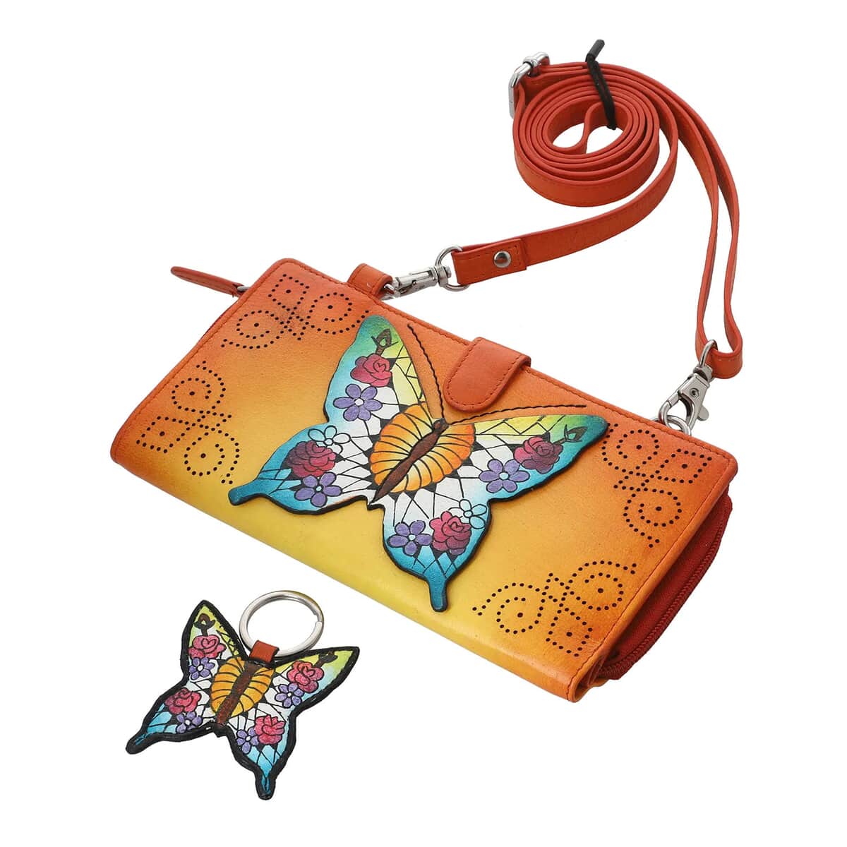 SUKRITI- Orange Butterfly Theme Hand Painted Genuine Leather 2 in 1 Crossbody Bag with Adjustable & Removable Strap image number 0
