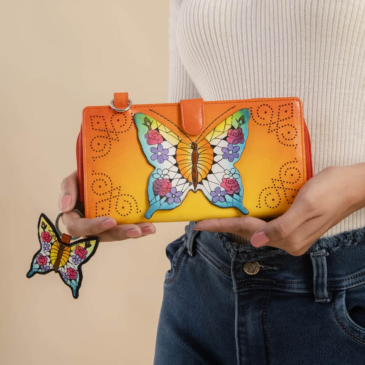 SUKRITI- Orange Butterfly Theme Hand Painted Genuine Leather 2 in 1 Crossbody Bag with Adjustable & Removable Strap image number 1