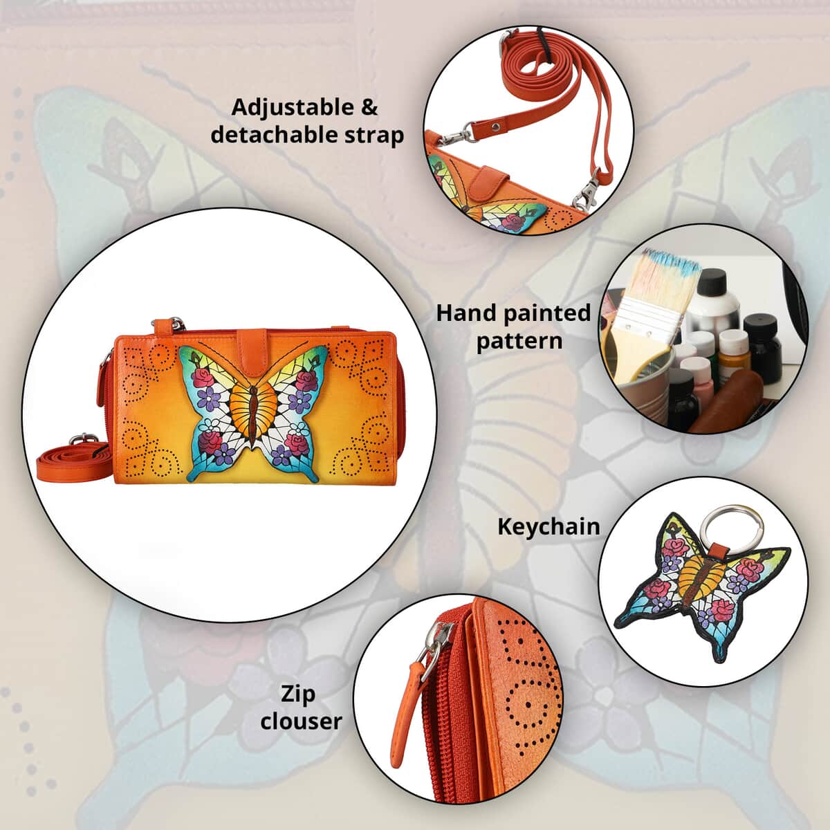SUKRITI- Orange Butterfly Theme Hand Painted Genuine Leather 2 in 1 Crossbody Bag with Adjustable & Removable Strap image number 2