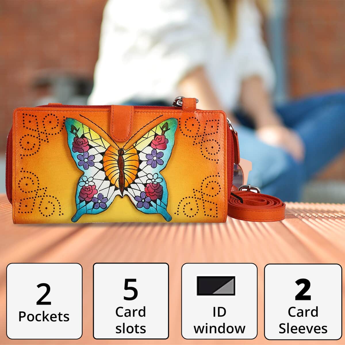 SUKRITI- Orange Butterfly Theme Hand Painted Genuine Leather 2 in 1 Crossbody Bag with Adjustable & Removable Strap image number 3