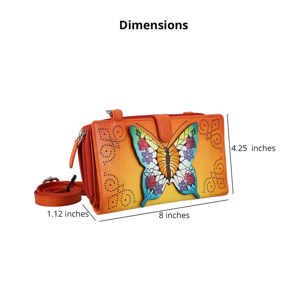 SUKRITI- Orange Butterfly Theme Hand Painted Genuine Leather 2 in 1 Crossbody Bag with Adjustable & Removable Strap image number 4