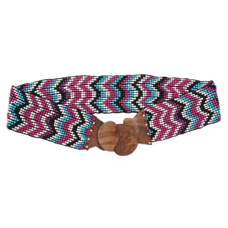 Handcrafted Multi Color Waves Pattern Seed Beaded Stretch Belt with Wooden Buckle image number 6