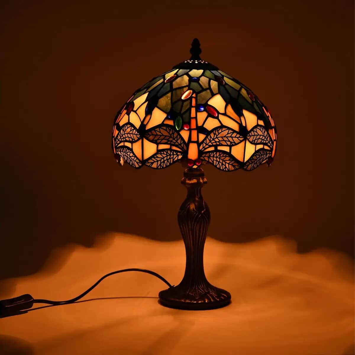 Multi Color Dragonfly Pattern 10 Inch Tiffany Style Table Lamp Electric (E26 Bulb Not Included) image number 1
