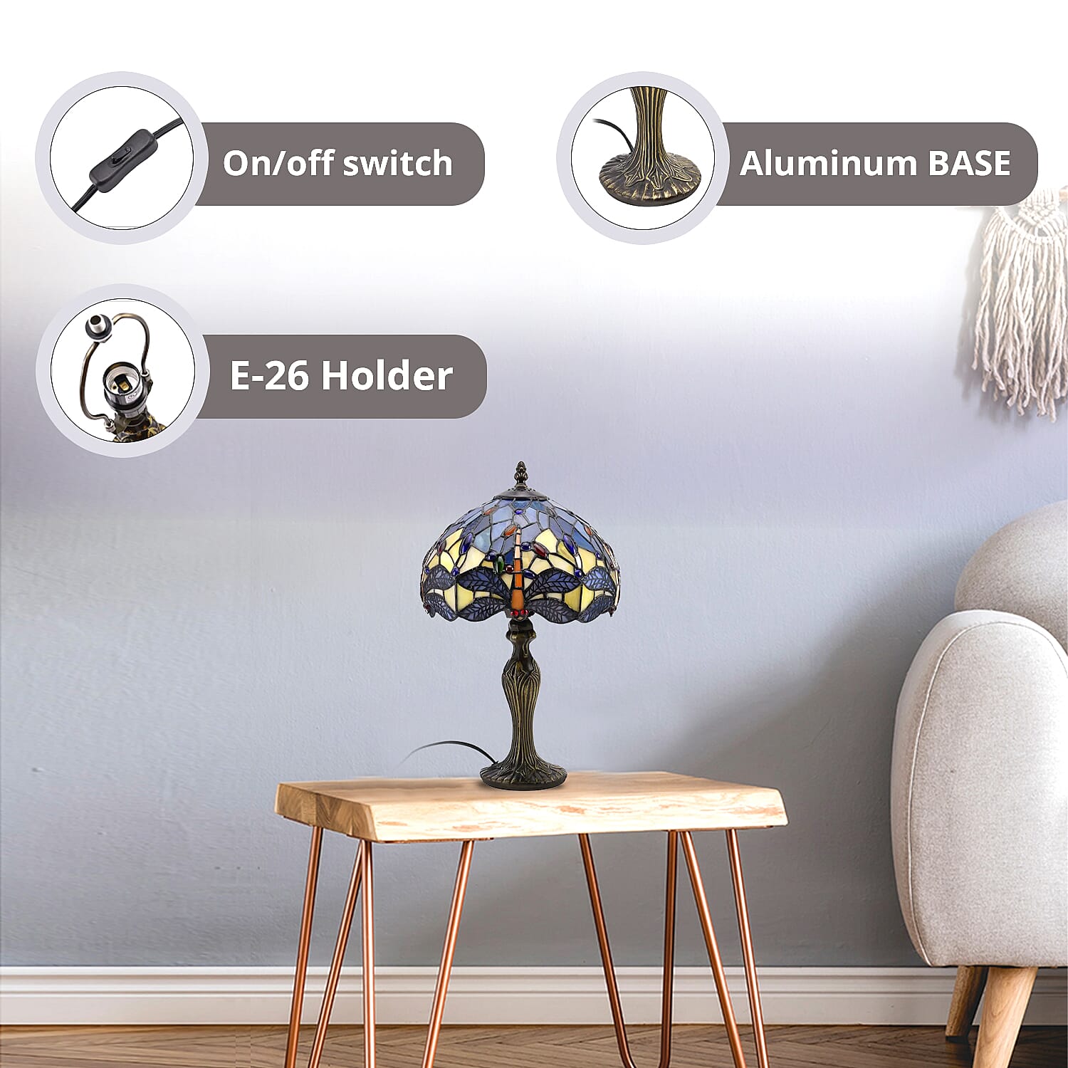 Multi Color Dragonfly Pattern 10 Inch Tiffany Style Table Lamp Electric (E26 Bulb Not Included)