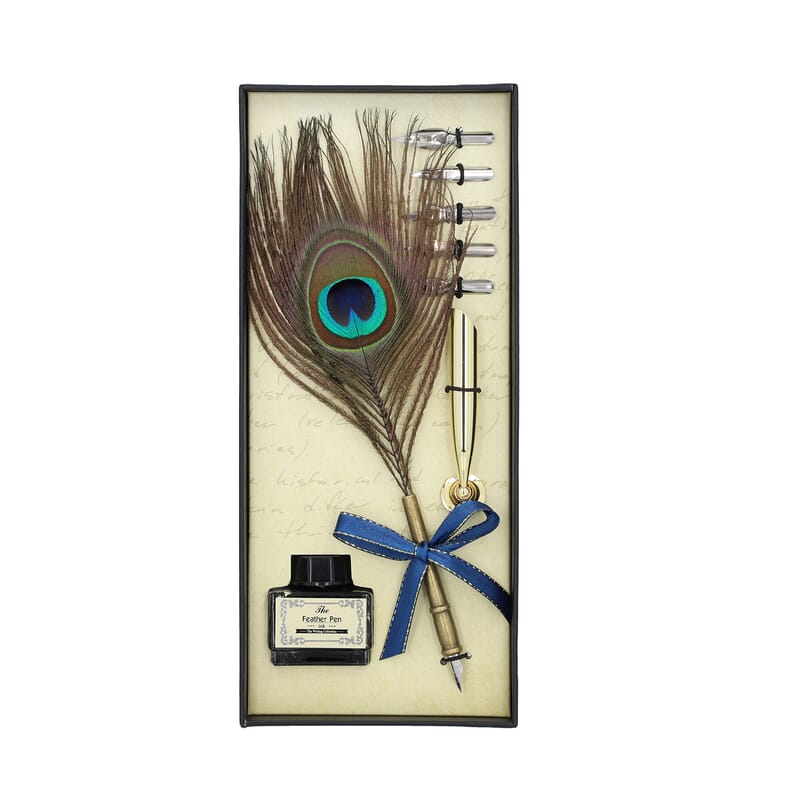 Antique Feather Pen Set (Peacock Feather Pen, Pen Holder, 5 Extra Nibs and 15ml Black Ink Bottle)