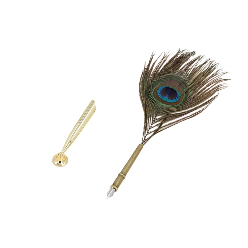 Antique Feather Pen Set (Peacock Feather Pen, Pen Holder, 5 Extra Nibs and 15ml Black Ink Bottle)
