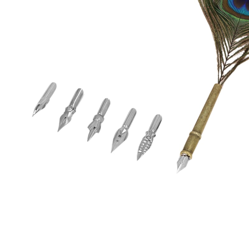 Antique Feather Pen Set (Peacock Feather Pen, Pen Holder, 5 Extra Nibs and 15ml Black Ink Bottle)