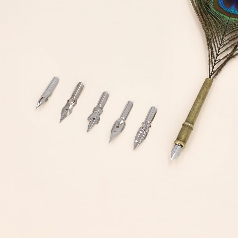 Antique Feather Pen Set (Peacock Feather Pen, Pen Holder, 5 Extra Nibs and 15ml Black Ink Bottle)