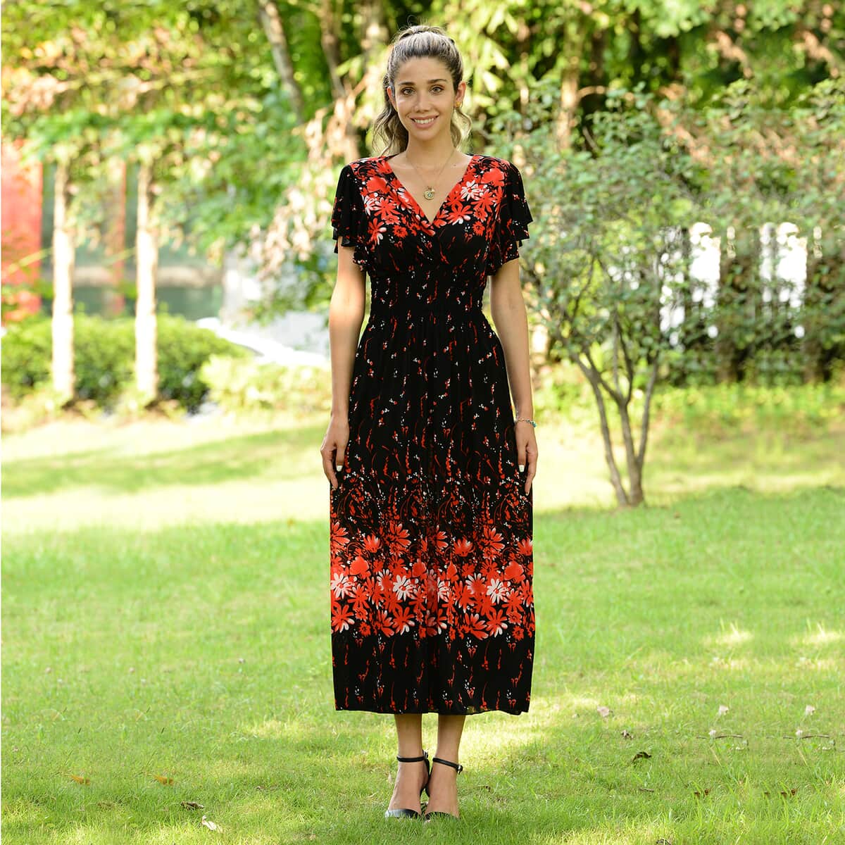 JOVIE Black Floral Smocked Waist Maxi Dress with Flutter Sleeve image number 0