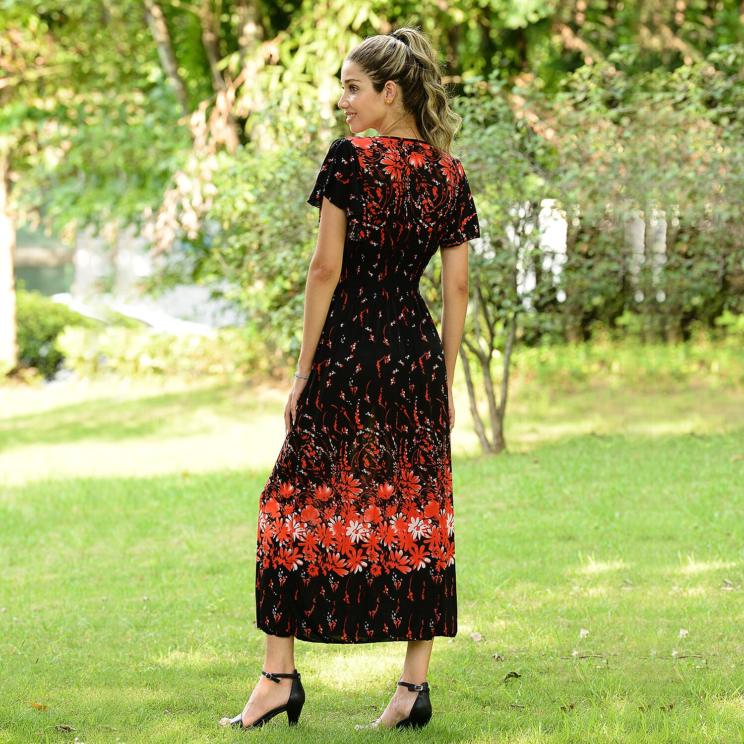 JOVIE Black Floral Smocked Waist Maxi Dress with Flutter Sleeve