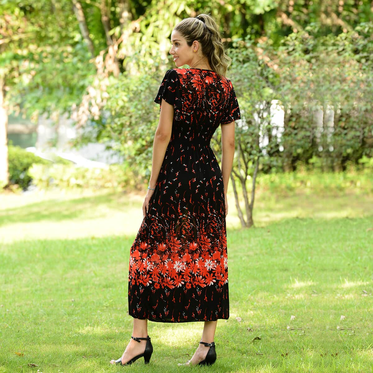 JOVIE Black Floral Smocked Waist Maxi Dress with Flutter Sleeve image number 1
