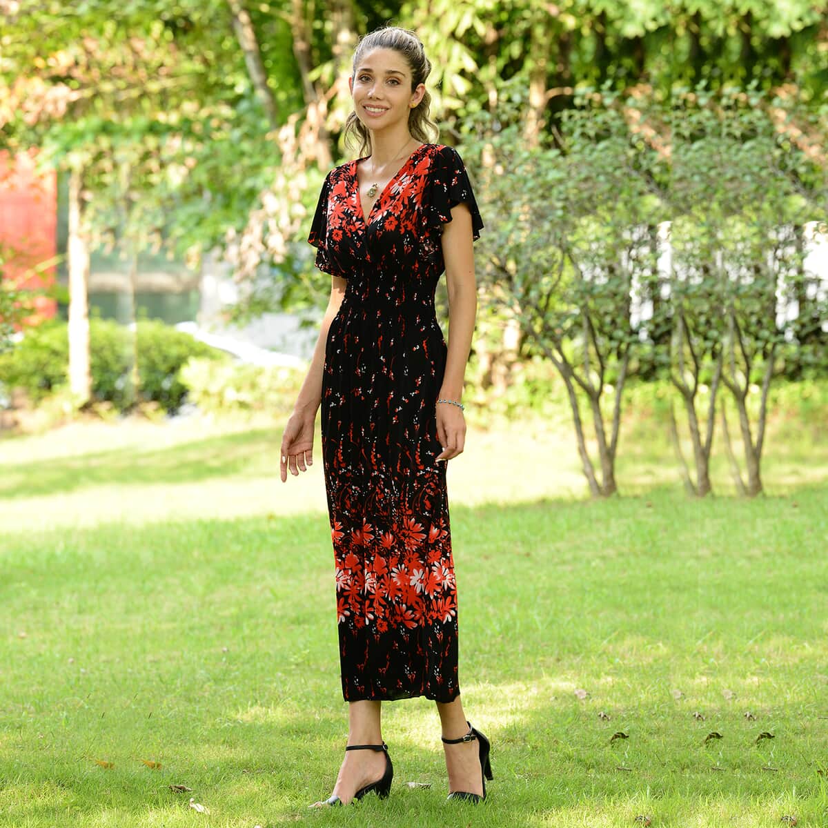 JOVIE Black Floral Smocked Waist Maxi Dress with Flutter Sleeve image number 2