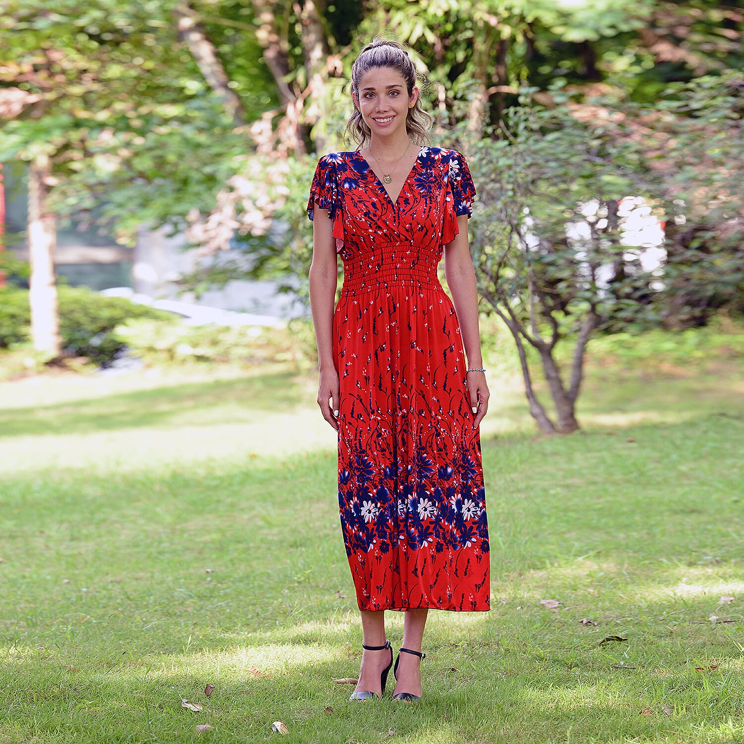 JOVIE Red Floral Smocked Waist Maxi Dress with Flutter Sleeve