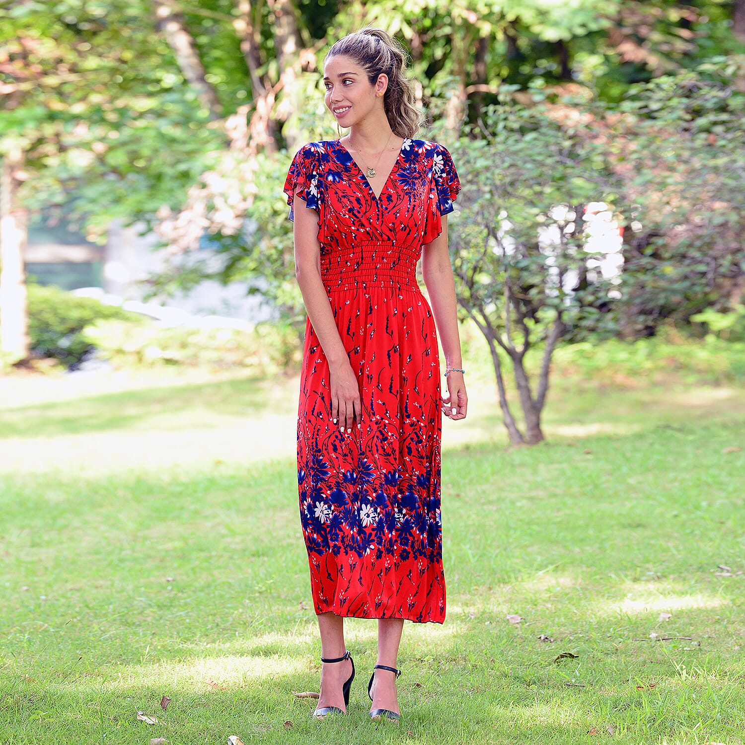 JOVIE Red Floral Smocked Waist Maxi Dress with Flutter Sleeve
