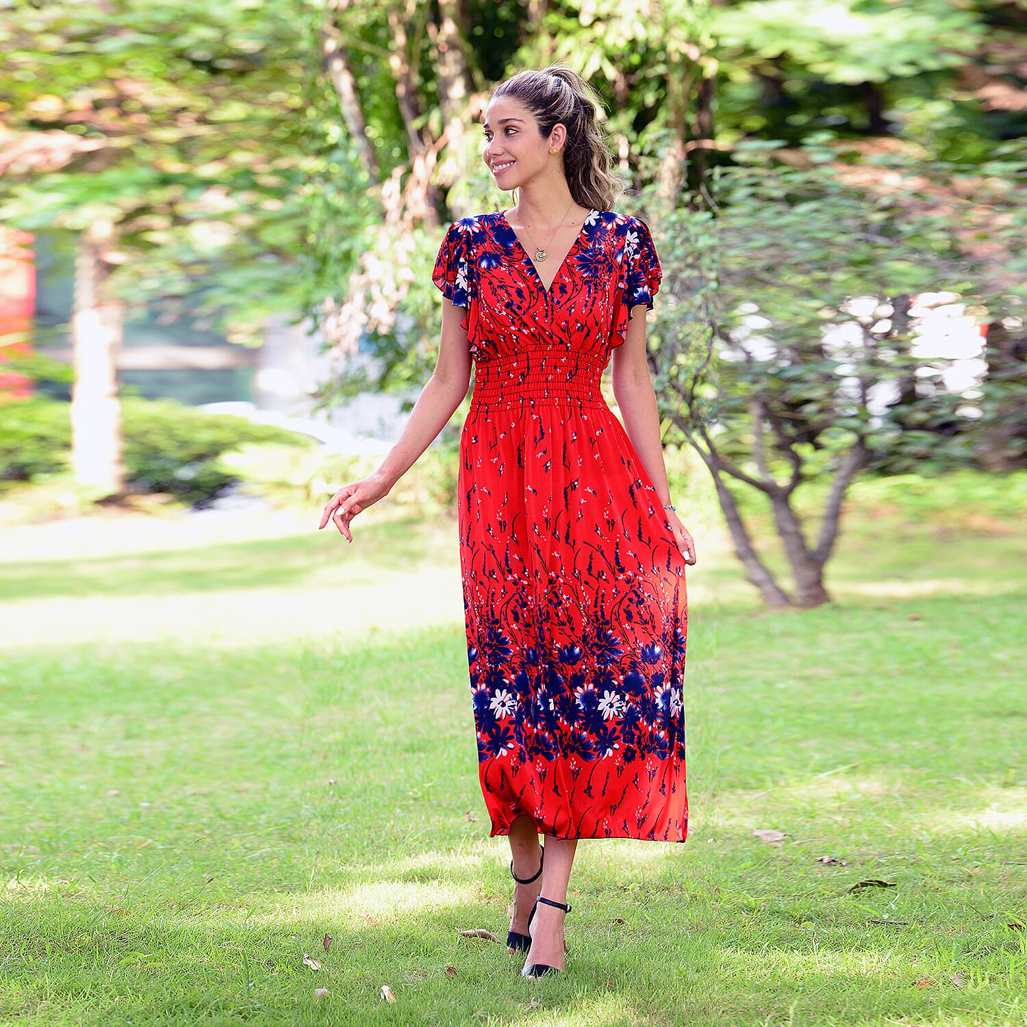 JOVIE Red Floral Smocked Waist Maxi Dress with Flutter Sleeve