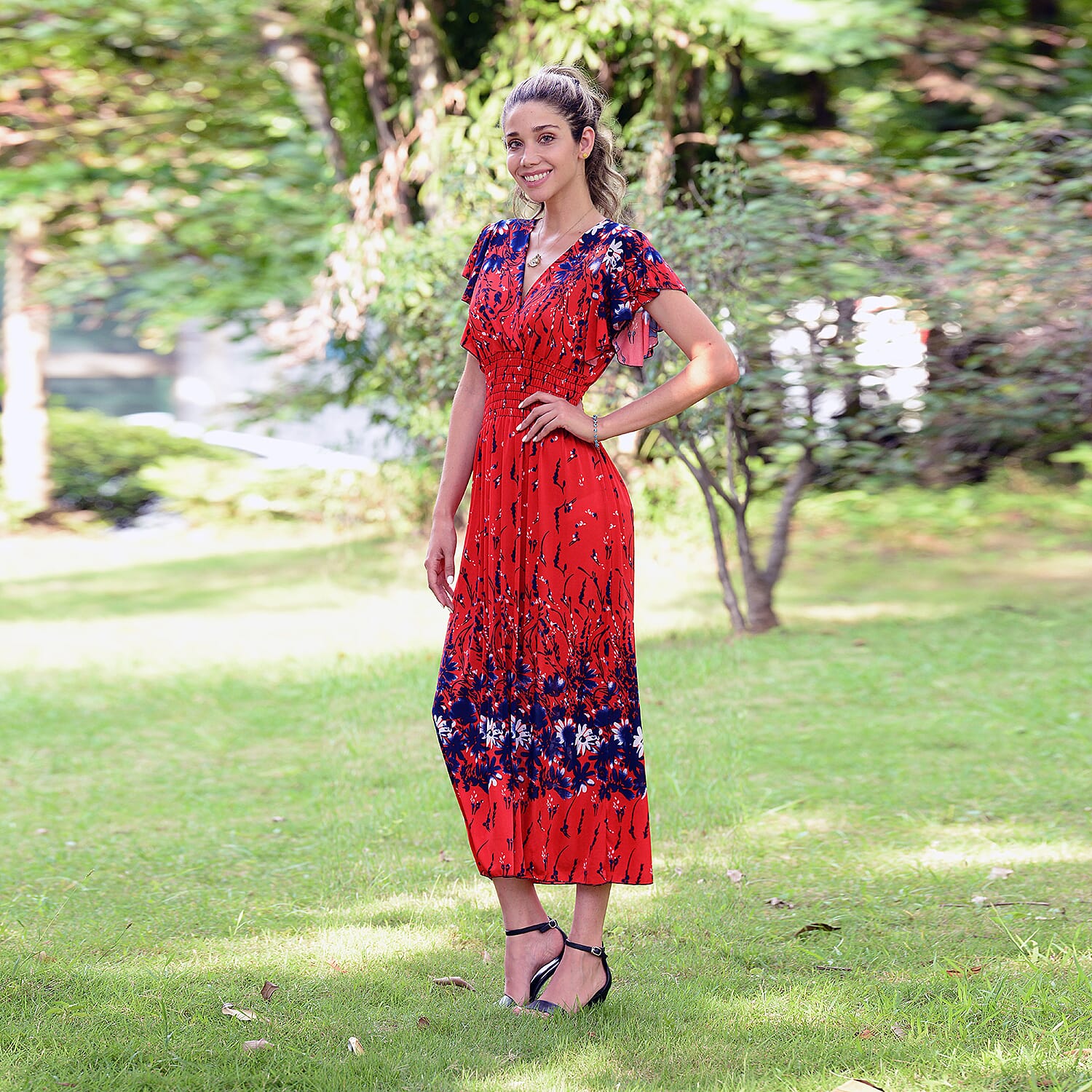 JOVIE Red Floral Smocked Waist Maxi Dress with Flutter Sleeve