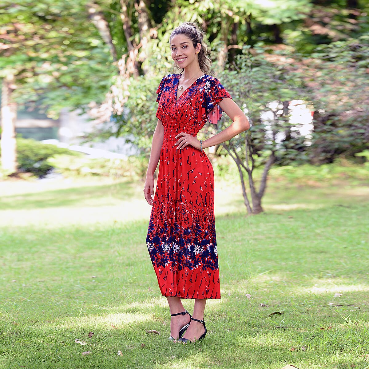 JOVIE Red Floral Smocked Waist Maxi Dress with Flutter Sleeve image number 3