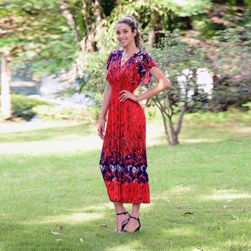 JOVIE Red Floral Smocked Waist Maxi Dress with Flutter Sleeve