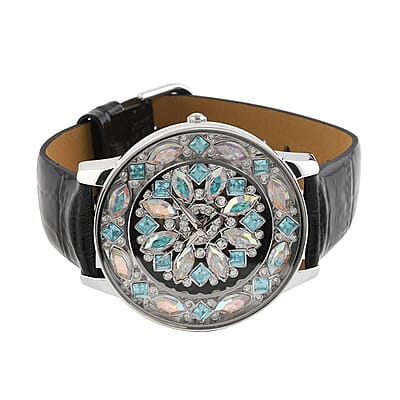 ADEE KAYE Lafayette Austrian Crystal Japanese Movement Watch with Genuine Leather Strap in Blue (45mm) 1.06 ctw