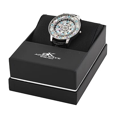 ADEE KAYE Lafayette Austrian Crystal Japanese Movement Watch with Genuine Leather Strap in Blue (45mm) 1.06 ctw