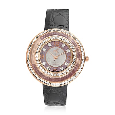 ADEE KAYE Facetta Austrian Crystal Japanese Movement Watch with Genuine Leather Strap in Purple (45mm) | Designer Leather Watch | Analog Luxury Wristwatch