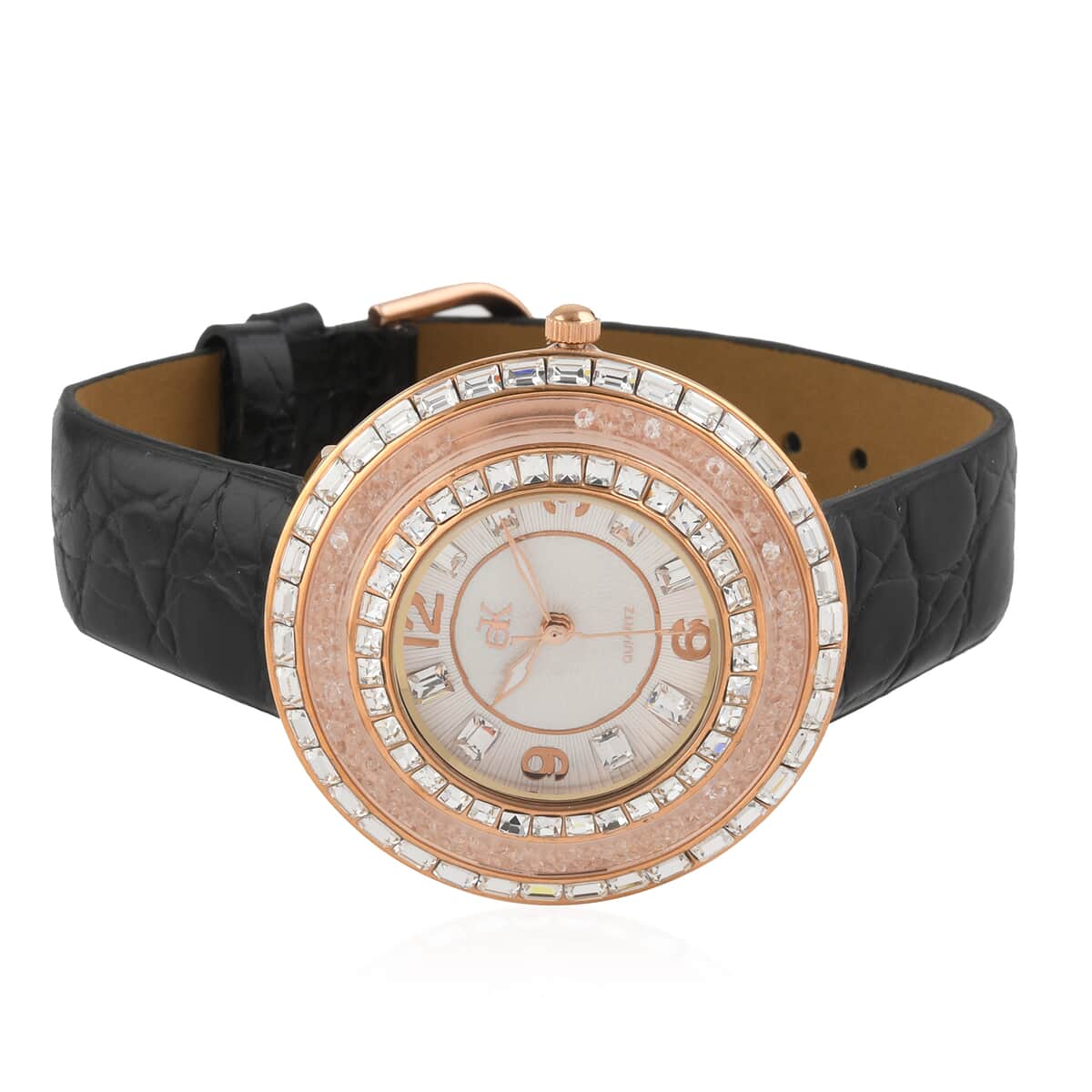 ADEE KAYE Facetta Austrian Crystal Japanese Movement Watch with Genuine Leather Strap in Light Pink (45mm) , Designer Leather Watch , Analog Luxury Wristwatch image number 2