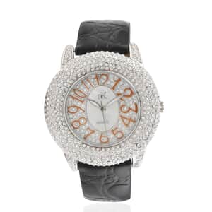 ADEE KAYE Bello Austrian Crystal Japanese Movement Watch with Genuine Leather Strap in Black (43mm) , Best Leather Watch for Women , Designer Women's Wrist Watch