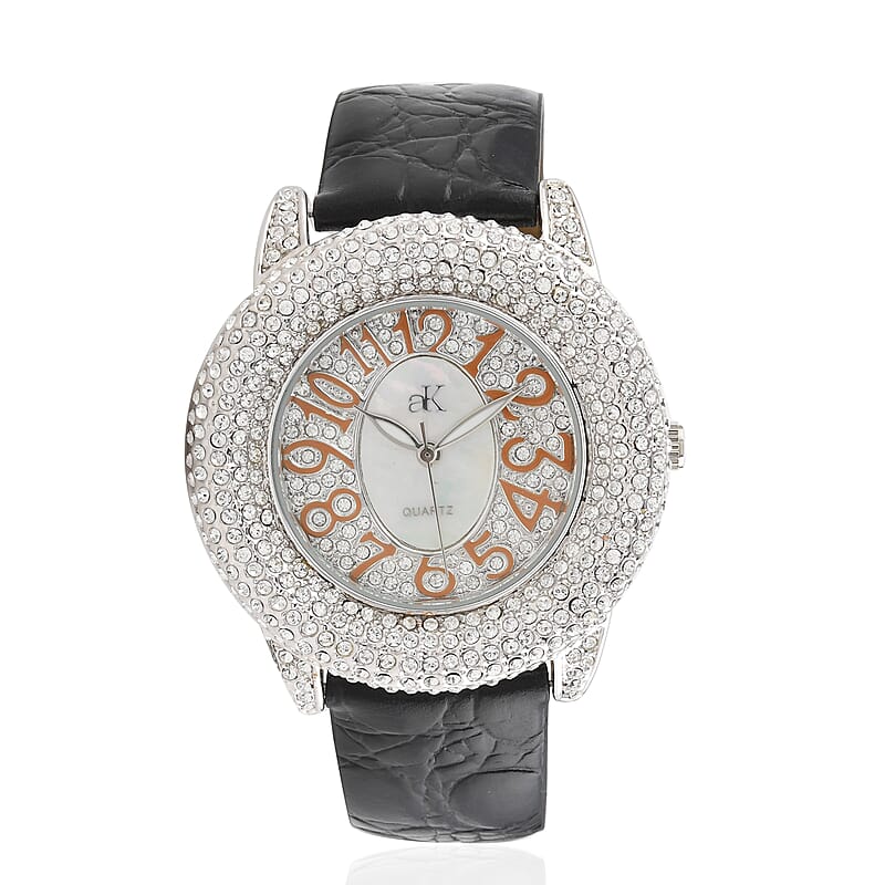 ADEE KAYE Bello Austrian Crystal Japanese Movement Watch with Genuine Leather Strap in Black (43mm) , Best Leather Watch for Women , Designer Women's Wrist Watch