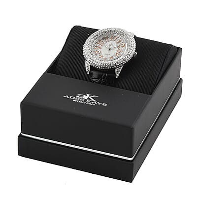 ADEE KAYE Bello Austrian Crystal Japanese Movement Watch with Genuine Leather Strap in Black (43mm) , Best Leather Watch for Women , Designer Women's Wrist Watch