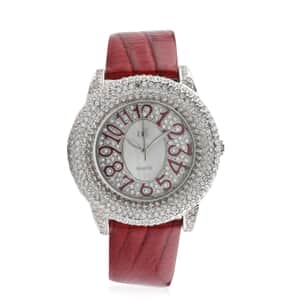 ADEE KAYE Bello Austrian Crystal Japanese Movement Watch with Genuine Leather Strap in Red (43mm) | Best Leather Watch for Women | Designer Women's Wrist Watch