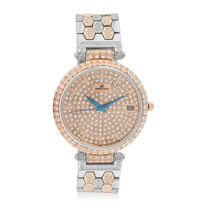 ADEE KAYE Finess Austrian Crystal Japanese Movement Watch in Rosetone & Silvertone (40mm)