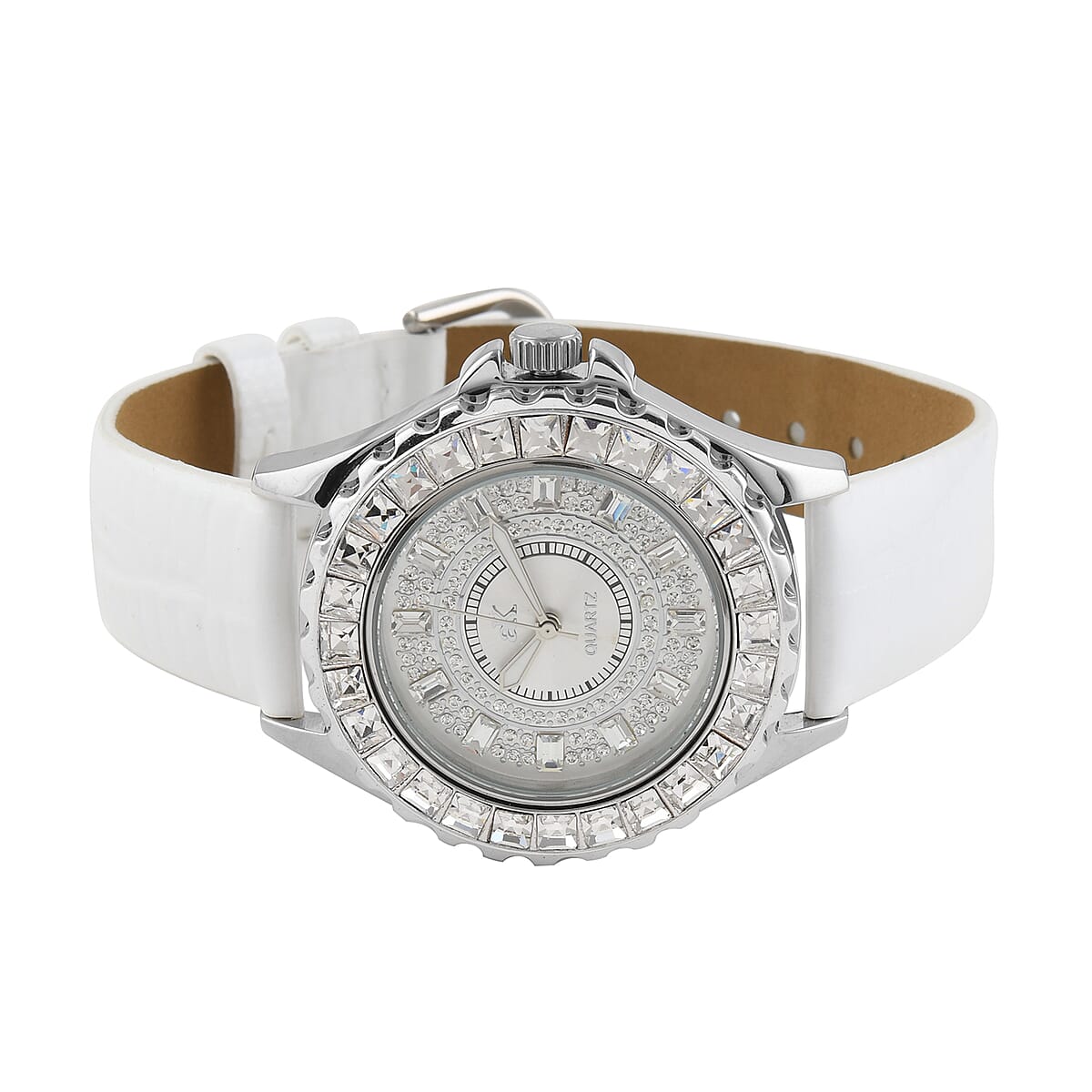 ADEE KAYE Royalty Austrian Crystal Japanese Movement Watch with Genuine Leather Strap in White (38mm) image number 2