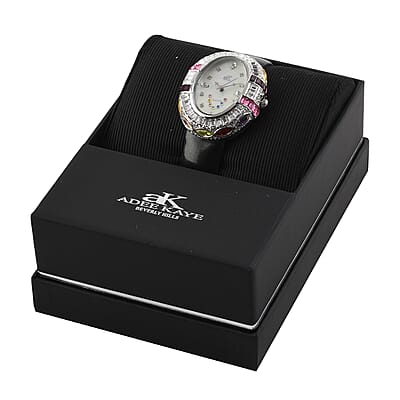 ADEE KAYE Crown Austrian Crystal Japanese Movement Watch with Genuine Leather Strap (Black 34mm) , Women's Designer Watch , Analog Luxury Wristwatch