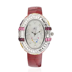 ADEE KAYE Crown Austrian Crystal Japanese Movement Watch with Genuine Leather Strap in Red (34mm)