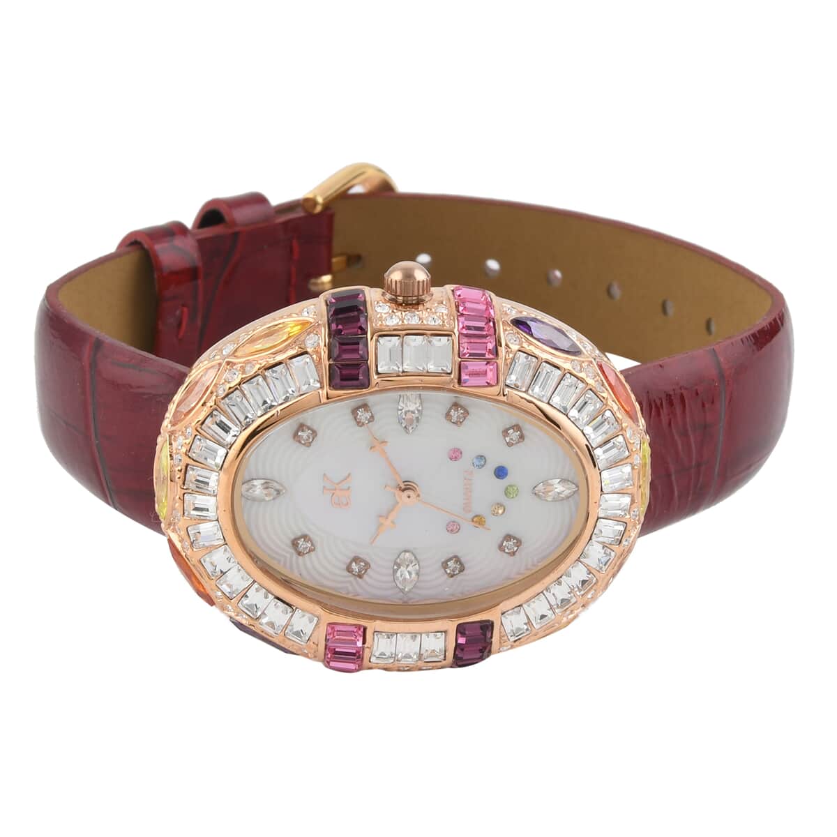 ADEE KAYE Crown Austrian Crystal Japanese Movement Genuine Leather Watch in Red (34mm) image number 2
