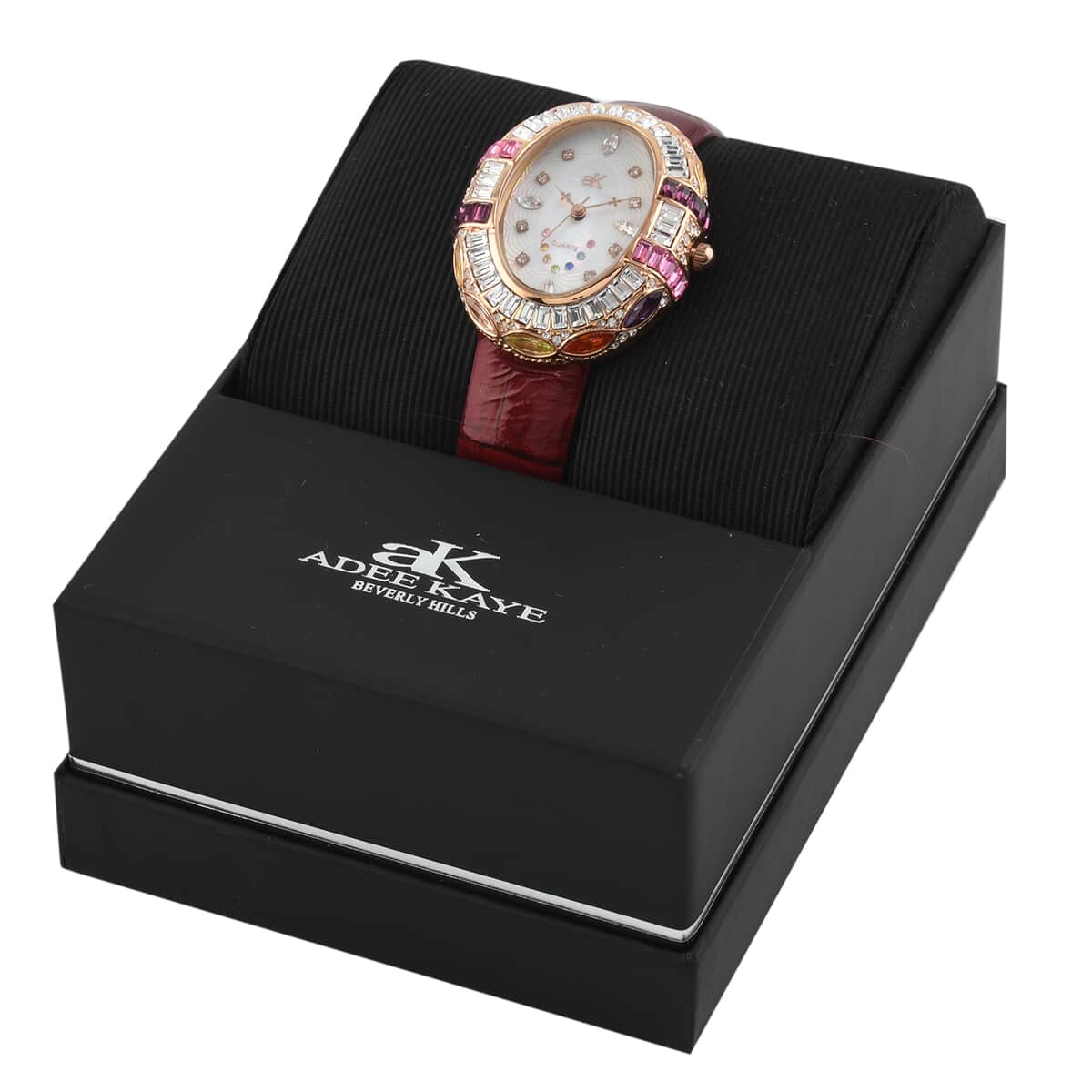 ADEE KAYE Crown Austrian Crystal Japanese Movement Genuine Leather Watch in Red (34mm) image number 5