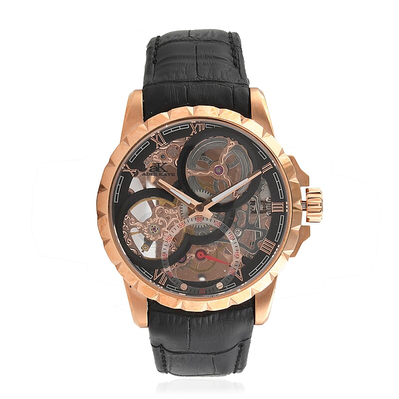 ADEE KAYE La Gear Mechanical Movement Watch with Genuine Leather Strap in Black (48mm)