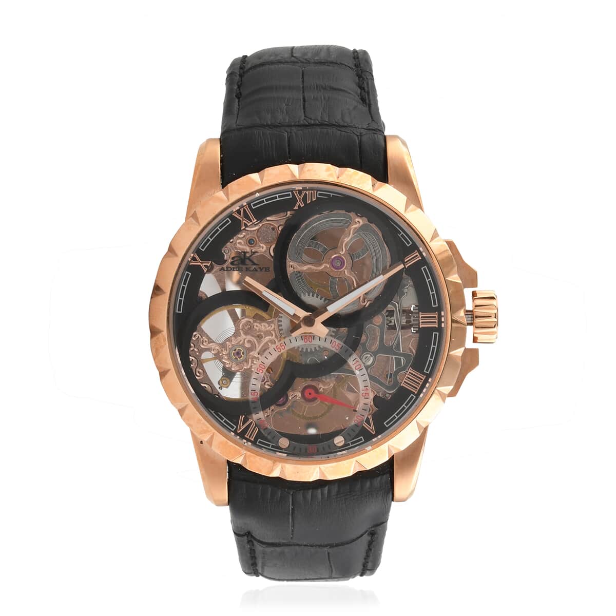 ADEE KAYE La Gear Mechanical Movement Watch with Genuine Leather Strap in Black (48mm) image number 0