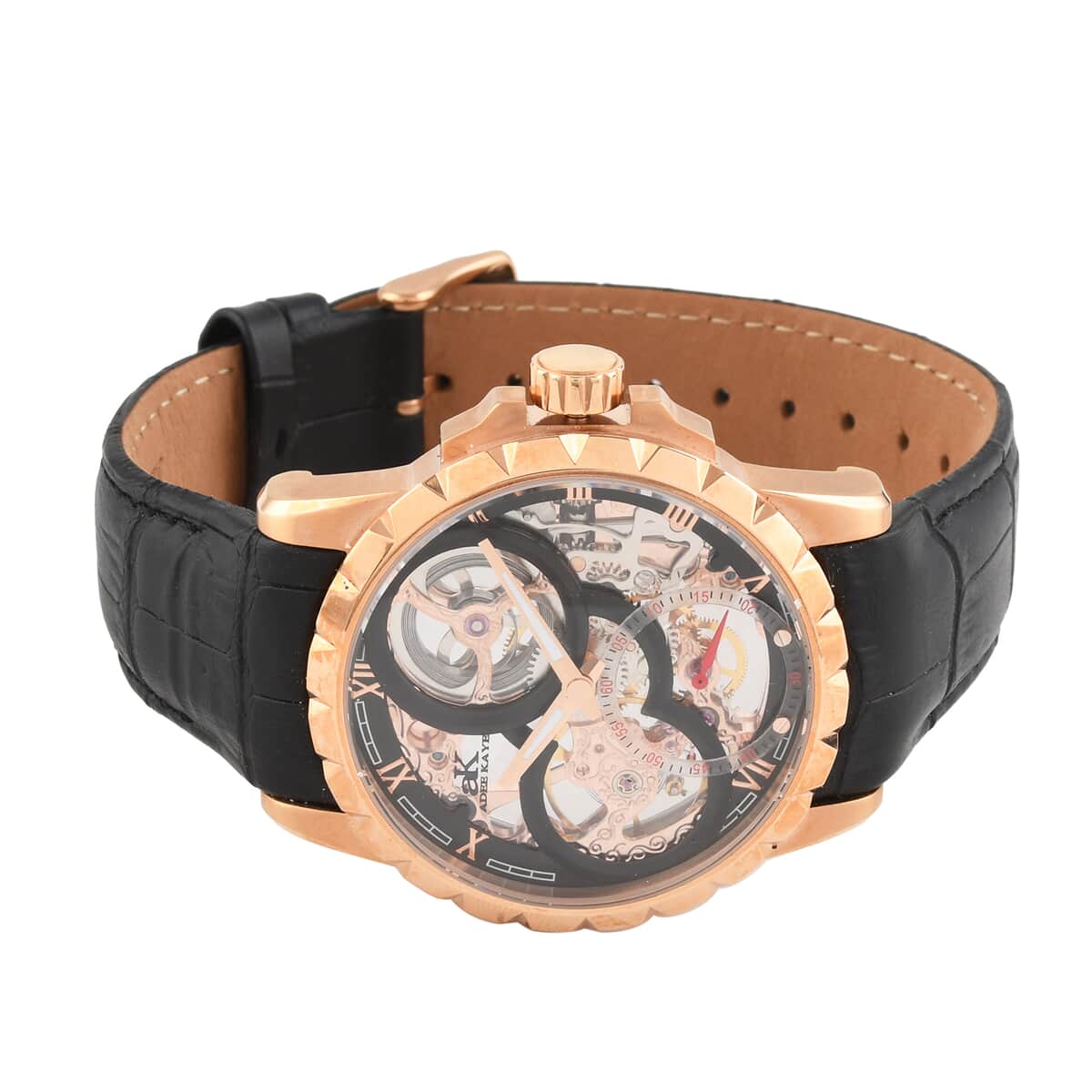 ADEE KAYE La Gear Mechanical Movement Watch with Genuine Leather Strap in Black (48mm) image number 2