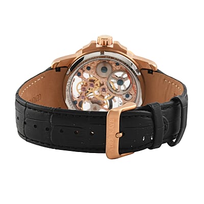 ADEE KAYE La Gear Mechanical Movement Watch with Genuine Leather Strap in Black (48mm)