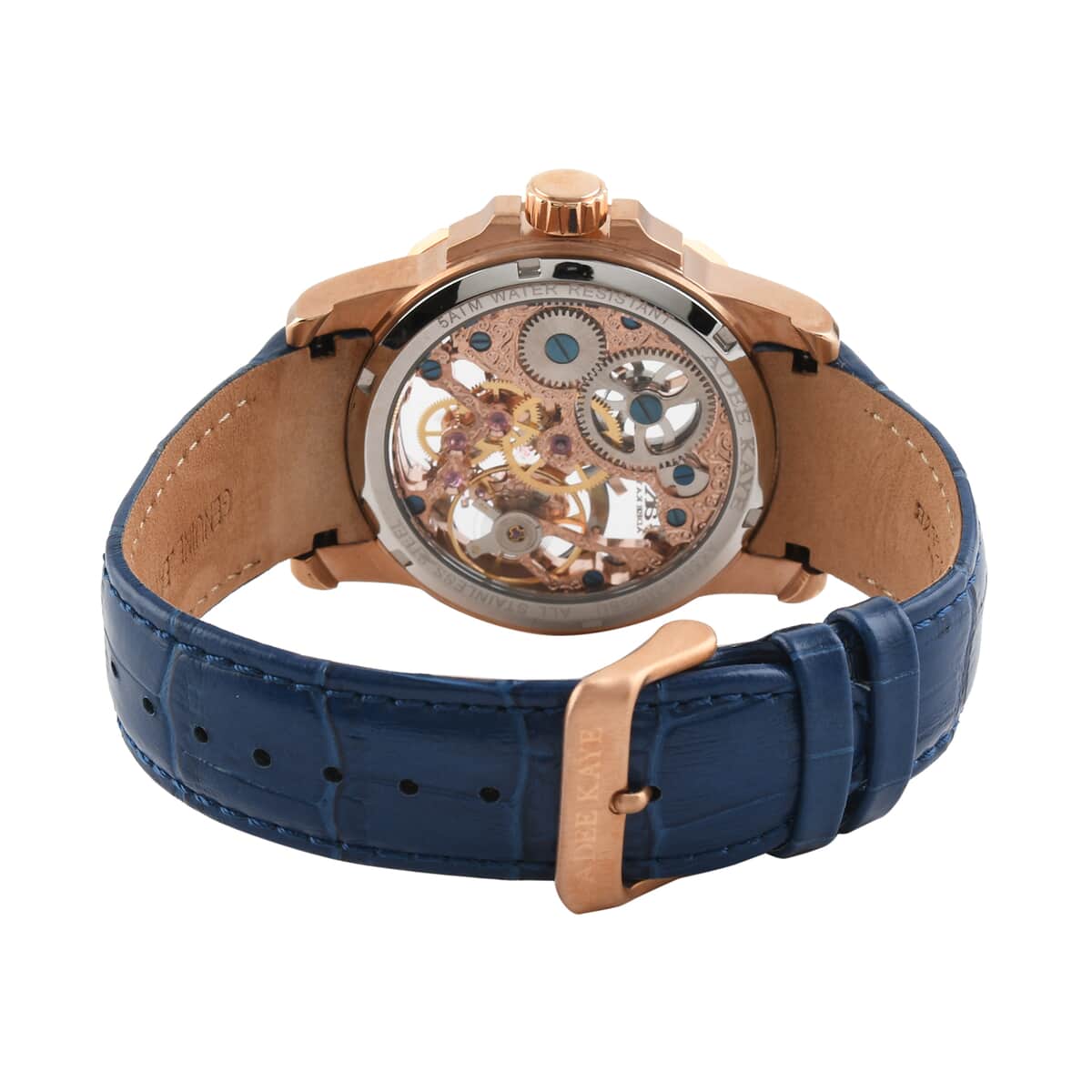 ADEE KAYE La Gear Mechanical Movement Watch with Genuine Leather Strap in Blue (48mm) image number 3