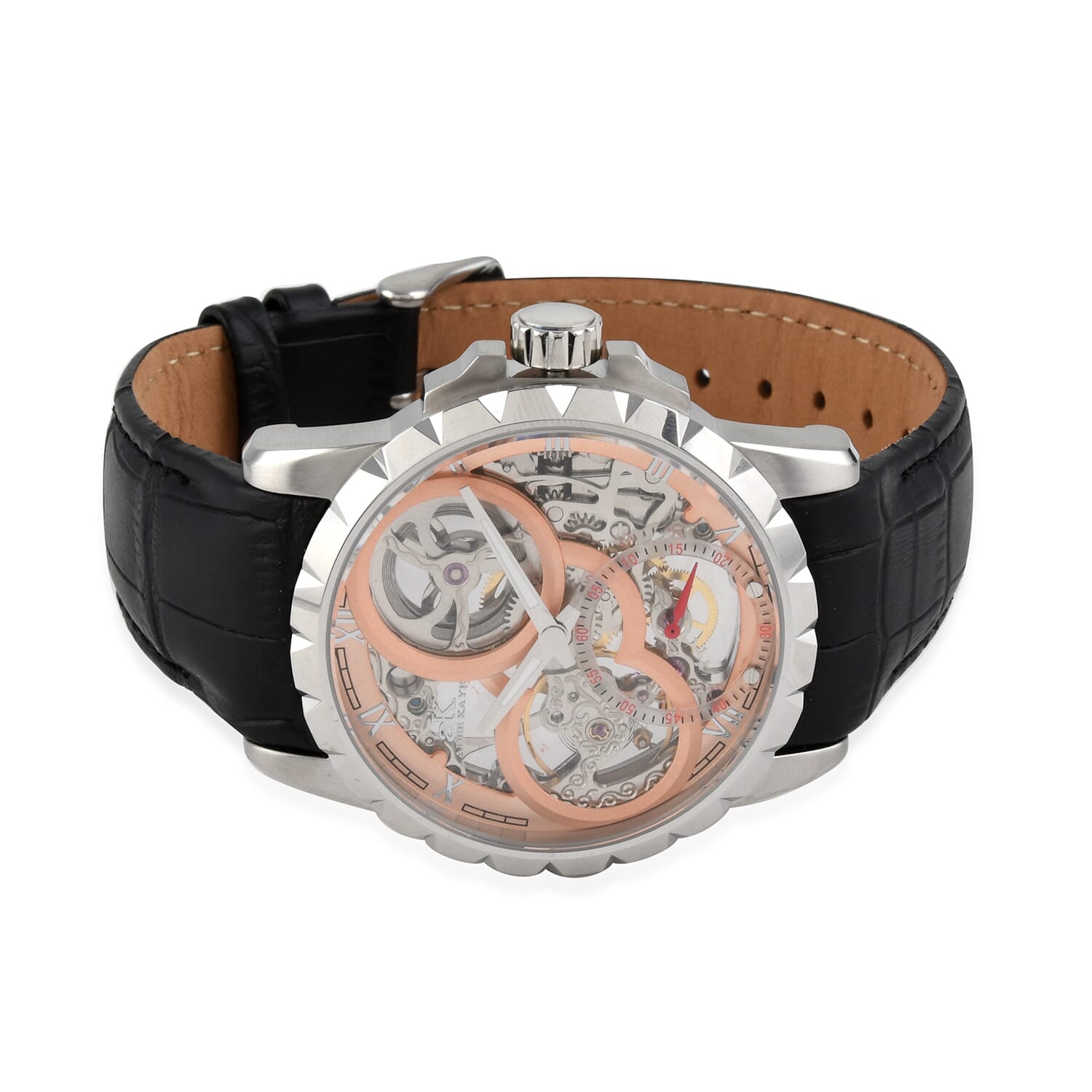 Mother s day jewelry ADEE KAYE La Gear Mechanical Movement Watch with Genuine Leather Strap in Black 48mm at ShopLC