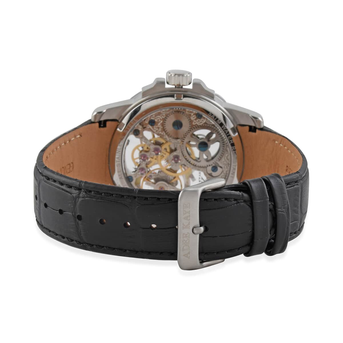 ADEE KAYE La Gear Mechanical Movement Watch with Genuine Leather Strap in Black (48mm) image number 3