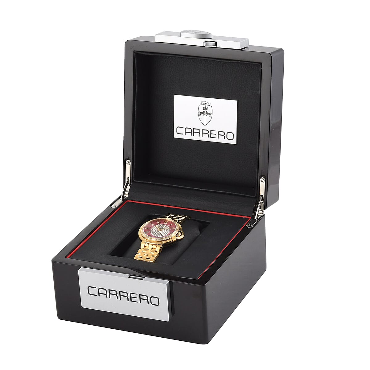 CARRERO Toulon Austrian Crystal Swiss Movement Watch in ION Plated YG Stainless Steel With Red Dial (37mm) image number 3
