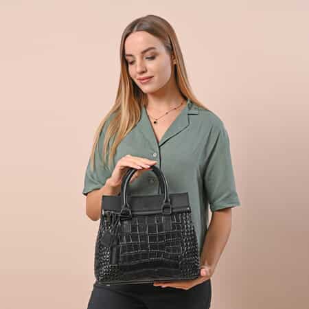 Hong Kong Closeout Collection Black Genuine Leather Crocodile Embossed Pattern Convertible Tote Bag image number 0