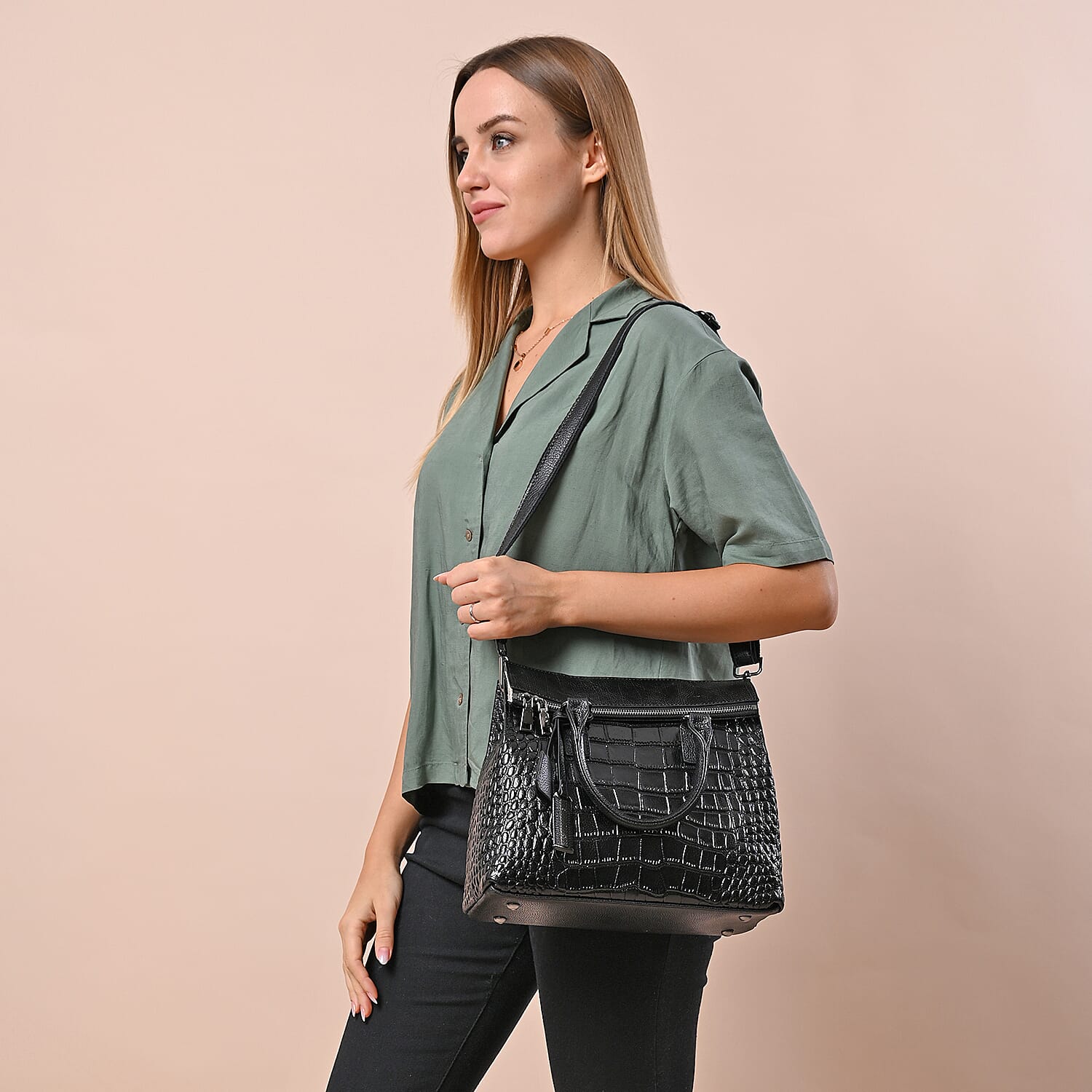 Hong Kong Closeout Collection Black Genuine Leather Crocodile Embossed Pattern Convertible Tote Bag