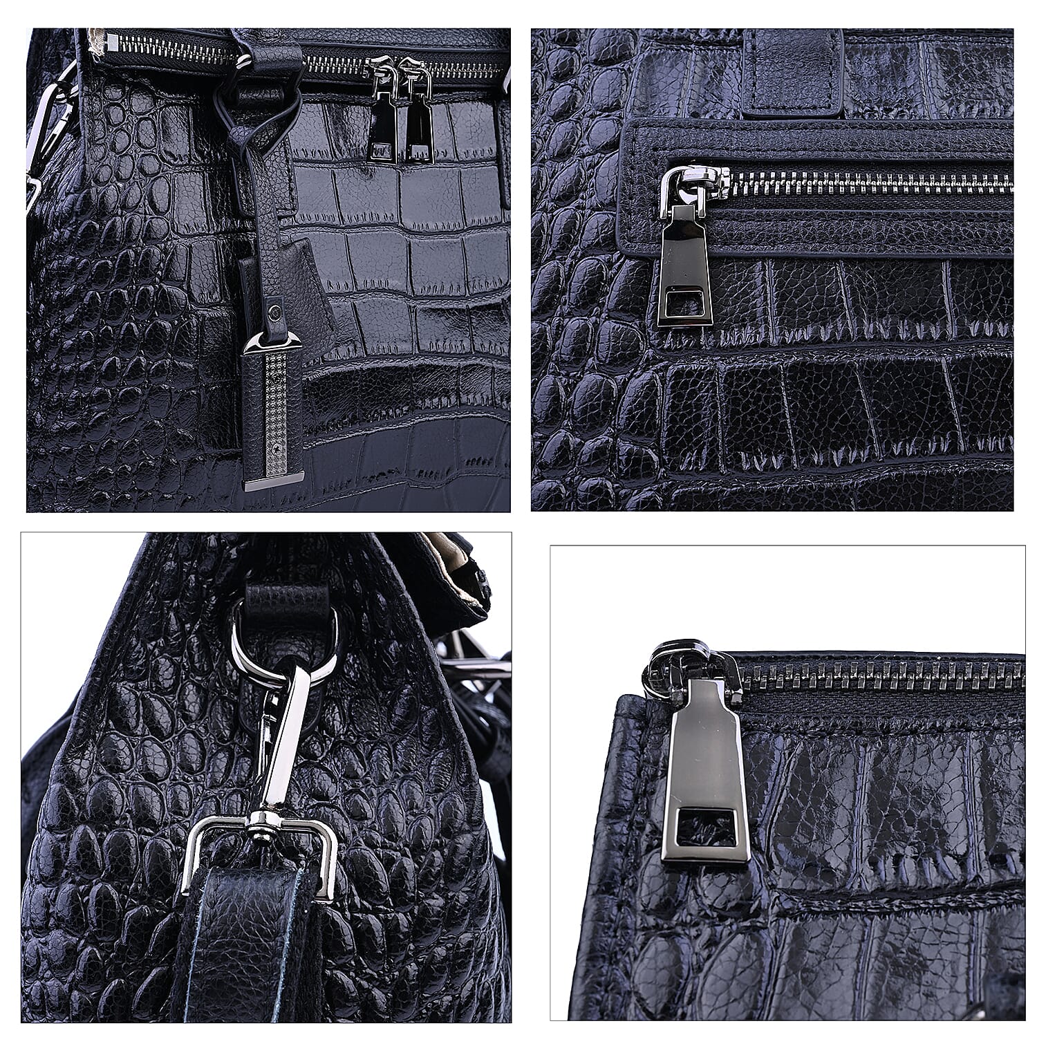 Hong Kong Closeout Collection Black Genuine Leather Crocodile Embossed Pattern Convertible Tote Bag