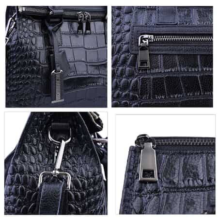 Hong Kong Closeout Collection Black Genuine Leather Crocodile Embossed Pattern Convertible Tote Bag image number 2